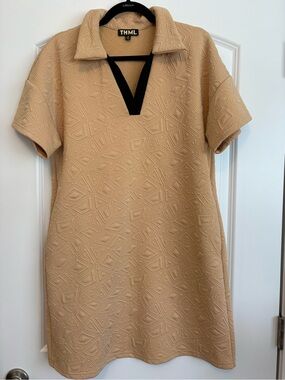 THML Tan Textured Short-Sleeve Collared Dress with Black Trim